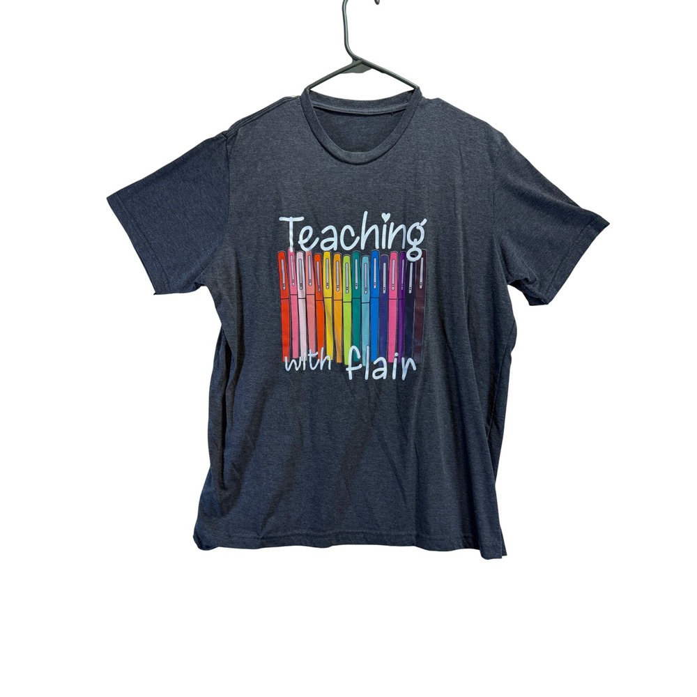 Teaching with Flair Rainbow Pen Graphic Tee Charcoal Gray Short Sleeve Shirt XL